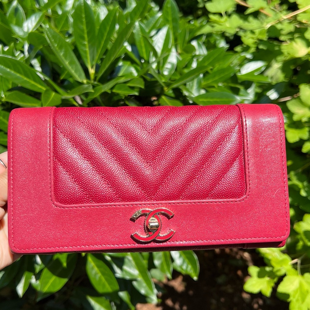 Authentic Chanel red chevron caviar flap long wallet
